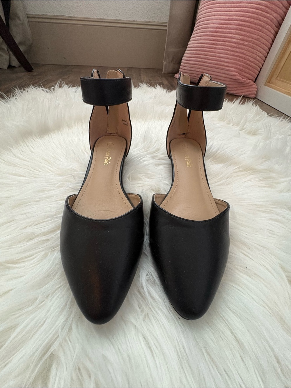 Dream Pairs Black Pointed D'Orsay Flats with Ankle Strap
